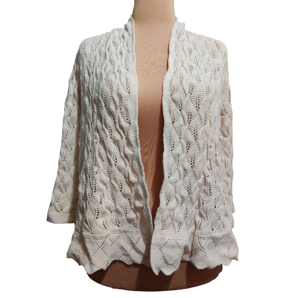 JM Collection XL Petite Sweater Cream Metallic Open Knit Cardigan 3/4 Sleeve